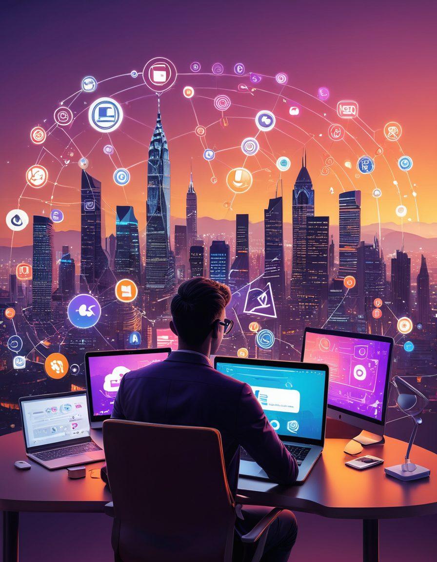 A dynamic representation of digital marketing icons: social media symbols, SEO graphs, and email marketing elements, set against a vibrant city skyline at dusk. Show a person analyzing data on a laptop, radiating a sense of strategy and innovation. Emphasize a modern and energetic vibe with glowing elements and a sleek digital aesthetic. super-realistic. vibrant colors. 3D.