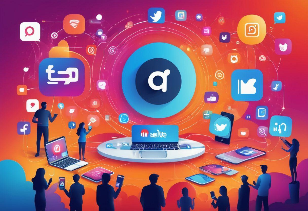 An animated scene depicting a diverse group of people engaging with various forms of social media on their devices, surrounded by vibrant icons representing popular platforms like Instagram, Twitter, and Facebook. An upward graph symbolizing growth and success is integrated in the background, embodying the theme of elevation and engagement. The setting is bright and lively to reflect the dynamic nature of social media marketing. vector art. vibrant colors. dynamic composition.