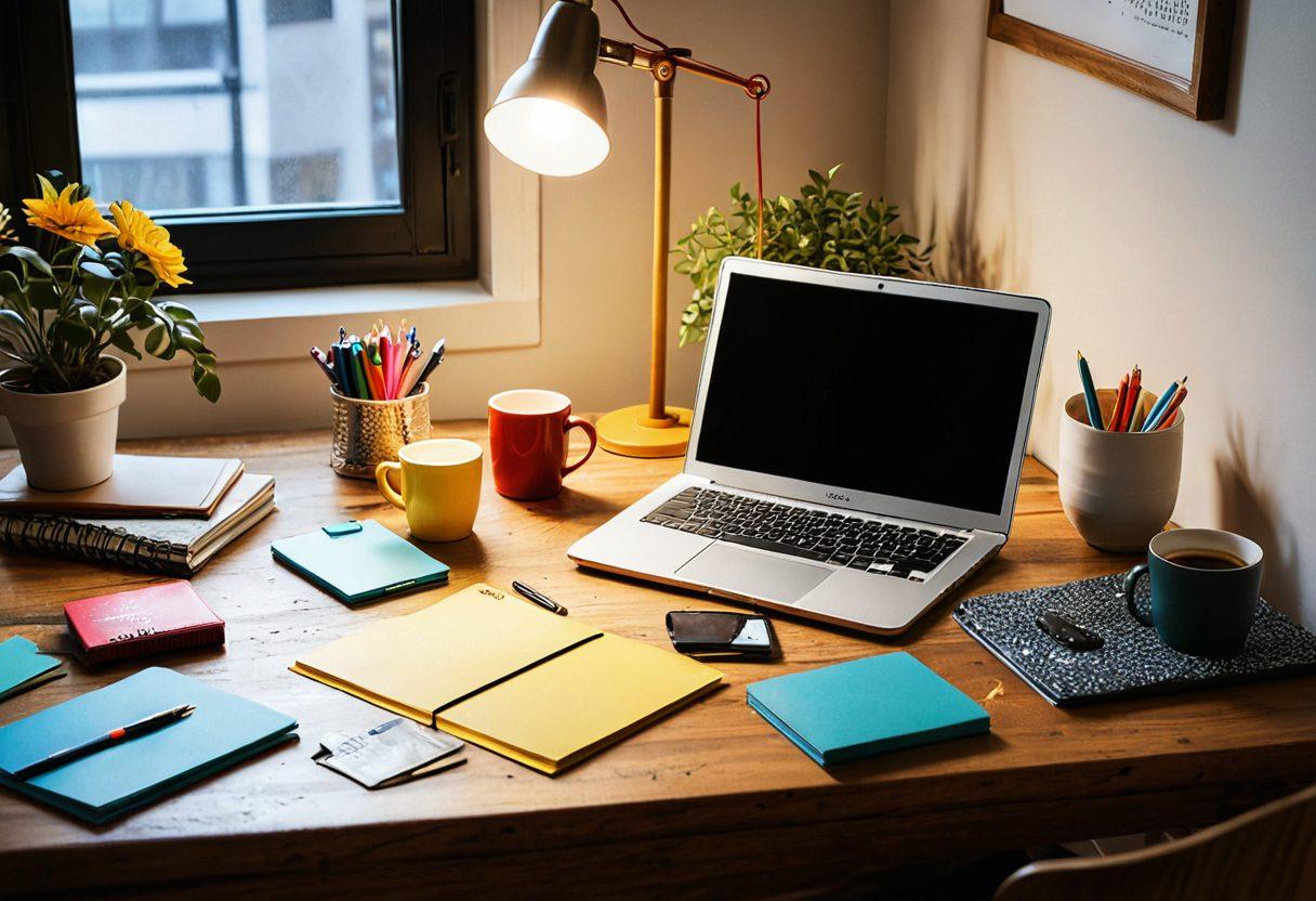 A creative workspace filled with colorful stationery, an open laptop displaying an engaging blog post, notes scattered around, and a steaming cup of coffee nearby. The scene radiates a sense of inspiration and productivity, with soft lighting illuminating the area. super-realistic. vibrant colors. cozy atmosphere.